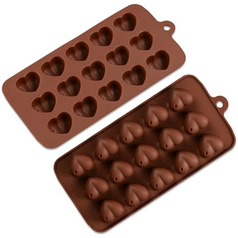 2 Pieces 15-Cavity Heart Shape Silicone Chocolate Molds, Valentine Baking Moulds for Cake Decoration, Non-Stick Reusable Silicone Mould for Chocolate, Jelly, Candy