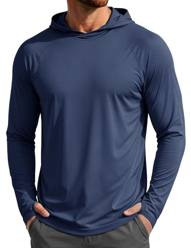 MAGCOMSEN Men's Sun Protection Long Sleeve Running T Shirt UPF 50+ Lightweight Sports Hoodies Quick Dry Gym Hooded Top for Fishing,Navy,2XL