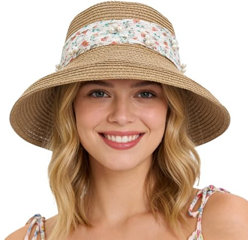 LY4U Sombrero de Sol para Mujeres con Banda de Encaje Floral, Sombrero Plegable de Paja para Mujeres, Vacaciones en la Playa, Correa Ajustable para la Barbilla, Ligero y Transpirable