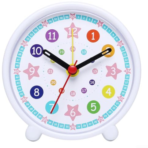 Comgooldool Leise Lernuhr für Kinder im Alter von 4–8 Jahren, bunte Wanduhr mit 24-Stunden-Innenring, kein Ticken, Quarz-Uhrwerk für Klassenzimmer und Heimschule, Zeitunterricht (frühschulweiß)