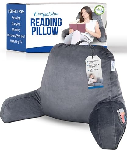 ComfortSpa Reading Pillow for Bed Adult Size, Back Rest Pillow with Arms, Pockets and Washable Cover; Use as a Back Pillow for Bed Sitting Up for Bedrest or Relief from GERD Heartburn (Large Grey)