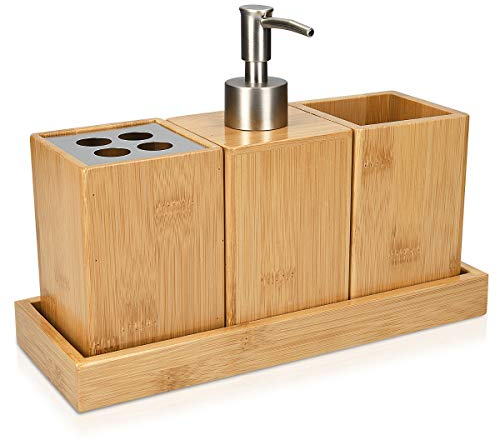Navaris Badezimmer Set Bambus 4-teilig - dekoratives Badzubehör mit Zahnputzbecher Seifenspender Becher und Ablage - Bad Accessoires aus Bambus