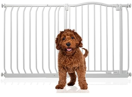 Bettacare Gebogenes Hundetor, 125cm - 134cm, Mattweiß, Druckmontage Haustiergitter für Hunde und Welpen, Haustiersperre, Einfache Installation