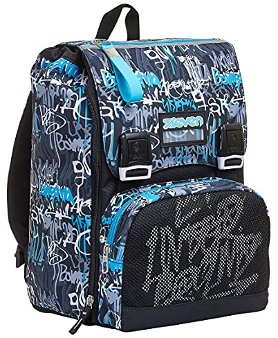 Seven Rucksack, Backpack für Schule, Uni & Freizeit, Erweiterbarer Schulranzen, Geräumige Schultasche für Teenager, Mädchen und Jungen, Extra Platz, blau, HANDWRITTEN