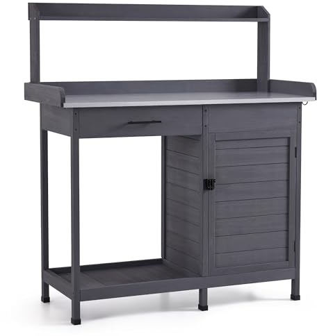 M MCombo Mesa Cultivo Cajón, Estante, Encimera Galvanizada & Armario, Mesa Jardinero Impermeable 3 Ganchos, Mesa Plantas Madera Maciza Jardín/Balcón/Terraza, 48x112x126 cm, 0440