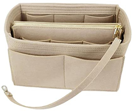Coyanyu Handtasche Organizer, 2 in 1 Bag in Bag Einsatz mit Reißverschluss Filz Handtaschen Organizer Kosmetiktasche mit Abnehmbarer Tasche und Schlüsselanhänger für Damen Beige Medium
