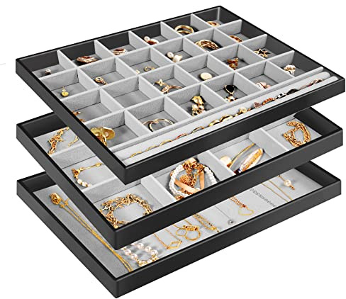 ProCase 3 Grand Rangement Bijoux Tiroir, Plateaux Bijoux, Présentoir Separateur Bijoux, Sans Perdre ou Abîmer, avec 10 crochets et 41 Compartiments Ensemble -Noir