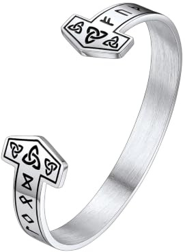 FaithHeart Silver Bracelet Viking Jewellery Stainless Steel Nordic Hammer Cuff Bracelet Silver Bangle for Him