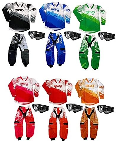 MOTORBIKE 3GO MX KIDS RACE SUIT New 2022 Motocross Motorcycle Quad Off Road Kart ATV Child MTB BMX Dirt Pit Bike Sports Racing Junior Pant Shirt Kit with X1K Black Goggles (Orange,3-4-20)