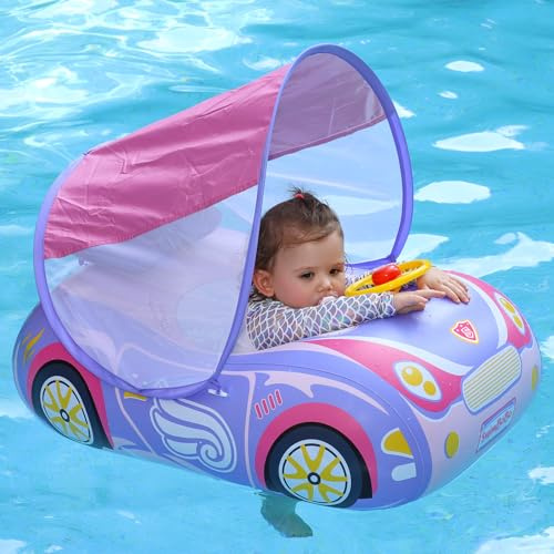 Swimbobo Toddler Pool Float Inflatable Car Baby Swim Float with Adjustable Sun Canopy and Safety Seat Pool Toys for Kids 3 Years Old + (Princess Pink Car)