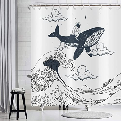 Hnmdmyi Cortina De Baño Funny 180X180, Astronautas Montando Ballenas En El Océano, Arte Oriental Vintage Kanagawa Japanese Waves, Lavable De Tela Impermeable Para Niños