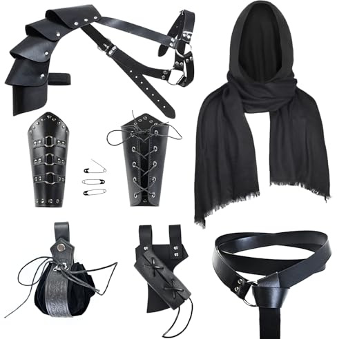 YORDET Mittelalter Ritter Zubehör Männer Renaissance Retro Zubehör Set | Leder Gürtel, Retro Schal, Armschienen, Gürtel Tasche, Schulterpanzer für Halloween Karneval