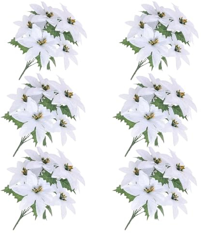 Caliko Pack of 6 White Poinsettia Artificial Flowers Snow-Kissed Bushes 34cm 7 Heads of Silken Blooms for a White Christmas Poinsettia Wonderland - Your Signature Xmas Elegance.