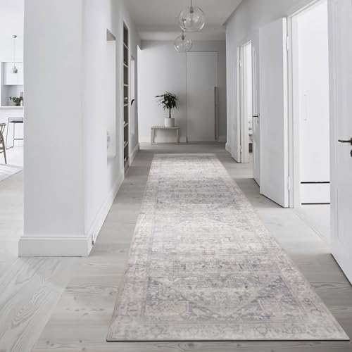 Homcomodar Alfombra Pasillo Larga 80x300cm Beige Gris Alfombra Cocina Lavable Antideslizante Vintage Alfombras de Pasillo Cocina Lavadero Entrada Habitacion