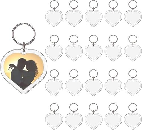 20 Porte-clés Photo, BetterJonny Porte Clé Photo Transparent Vierge en Acrylique Double Face Porte Cle Photo Personnalisable DIY Cadre Photo Vierge Rectangle Porte Clef Photo pour Famille, Cœur 5x5cm
