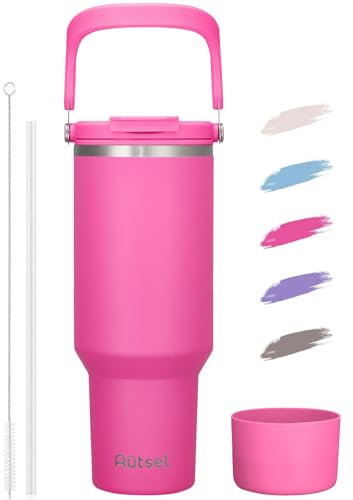 Autsel 40oz Travel Mug with Straw and Handle, Leakproof Tumbler Cup Insulated Coffee Mug, BPA Free Stainless Steel Water Bottle for Hot Cold Drink, Dishwasher Safe