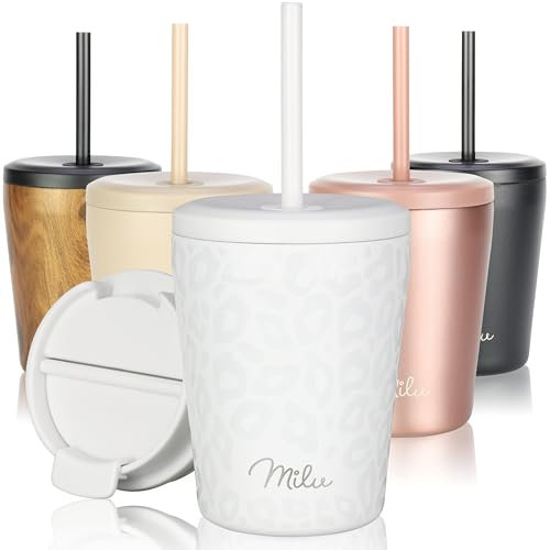 Milu Thermobecher 300ml - 100% Auslaufsicher - Edelstahl Kaffeebecher to go isoliert mit Strohhalm hält 10h heiß / 20h kalt, BPA-frei (White Leopard, 300ml)