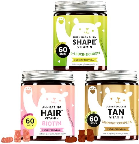 Trio – Für Haare, Bräune und Figur – Dreifach-Schönheitswirkung - Biotin für Haare, Kupfer für Hautpigmentierung, Chrom für Stoffwechsel - 3x60 Stück - Vegan & Zuckerfrei - Bears with Benefits