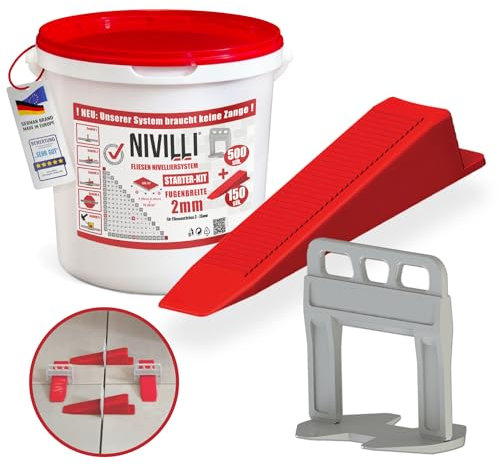 Nivilli KEILY Starter-Set - 300x Laschen + 100x Keile. Zangenloses Profi Nivelliersystem. Verlegehilfe Fliesen. DAS BESTE ZUM GÜNSTIGEN PREIS! 2mm Fugenbreite, Materialstärke 3-15mm