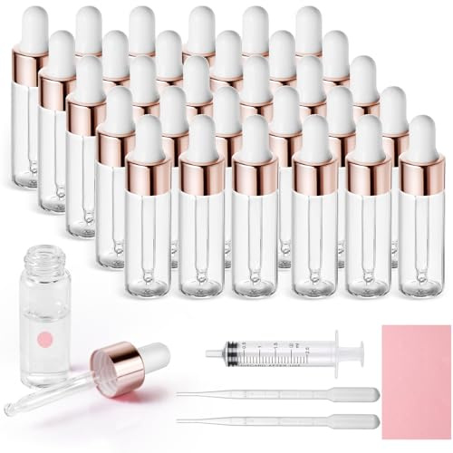 Nadisean 30 stycken mini pipettflaska 3ml, transparent flaska med pipett, roséguld liten provflaska med 2 x 3 ml pipett och 1 x 2,5 ml spruta för parfym, oljor