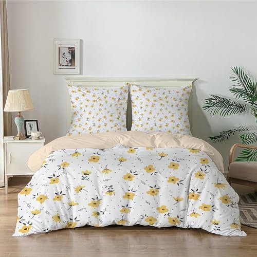 Qiwagu Bettwäsche 155x220 Weiß, Gelbe Blume Bettwäsche-Sets aus Weiche Atmungsaktiv Microfaser, Bügelfrei Wendebettwäsche Bettbezug 155x220 und 2 Kissenbezüge 80x80 cm für Einzelbett