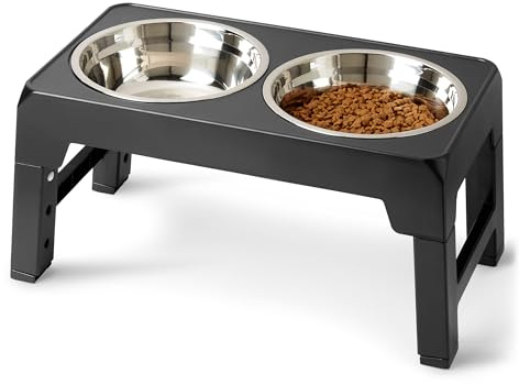 Amazon Basics, Supporto rialzato per Ciotole per Cani, Ciotola rialzata Regolabile in Altezza, Ciotole in Acciaio Inossidabile, Antiscivolo, mangiatoia per Animali Domestici, 44 x 24 x 30,5 cm, Nero