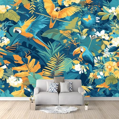 Papier Peint Panoramique Animaux de La Jungle Oiseaux Plantes Feuilles 200 x 140 CM, 3D Papier Peint Intissé Bleu Photo Poster Mural Salon Adulte Chambre D'Enfants Restaurant Décoration Murale