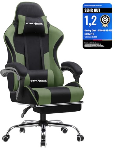 GTPLAYER Gaming Stuhl Stoff, Bürostuhl Massage Gaming Sessel Ergonomischer Gamer Stuhl mit Fußstütze, Gepolstert Gaming Chair, Drehsessel 150KG, grün
