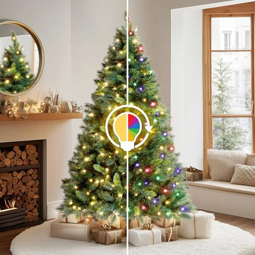 VeryMerry 6FT Pre Lit Christmas Tree 2in1 Dual-Color - Warm White/Multi Colour 300 LED Lights with Auto-Off Timer, 9 Lighting Modes and Foldable Metal Stand - Snowhill