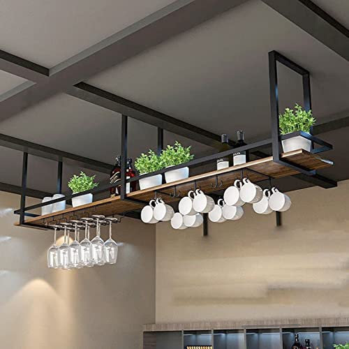 Portabottiglie Sospeso - Portabottiglie Sospeso A Soffitto - Portabicchieri Da Vino In Legno Massello Di Ferro Battuto, Portaoggetti Sospeso A Soffitto, Espositore Da Parete Vintage(1layer,140X30CM)