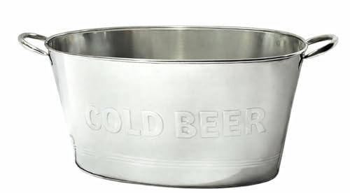Retro Large Ice Cold Drinks Metal Bucket, Oval Party Beverage Tub with Handles, Available in Yellow, Red, Green, Natural Colors (Stainless Steel-Silver)