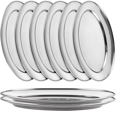 AKOLAFE 8PCS Large Stainless Steel Sizzle Platter Food Serving Trays for Party Buffet Oval Serving Platter Set Decorative Silver Plates Metal Tray Long Sizzler Plates for Sushi Appetizer Table Dish