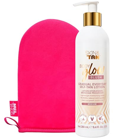 Skinny Tan Body Glow Blush Moisturising Gradual Tan Lotion Delicious Peach Scent with Skin Illuminating Shimmer Tint 280ml Plus Mitt