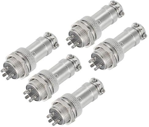 sourcing map 5 Stück 5-poliger GX16 Luftfahrt-Steckverbinder 250 V 15 A 16 mm Buchse Metall Rundsteckverbinder mit männlichem weiblichem Stecker für Anhänger, Drohnen, Industrieanlagen, Silber