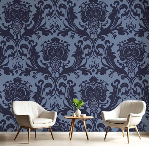 JEDTAKCT Wallpaper - Wall Mural 200X140Cm / 79X55 - Baroque Damask Print Silk Wall Mural Decoration Poster Picture Design - Luxurious Geometry - Navy Photo Wallpapers for Living Room