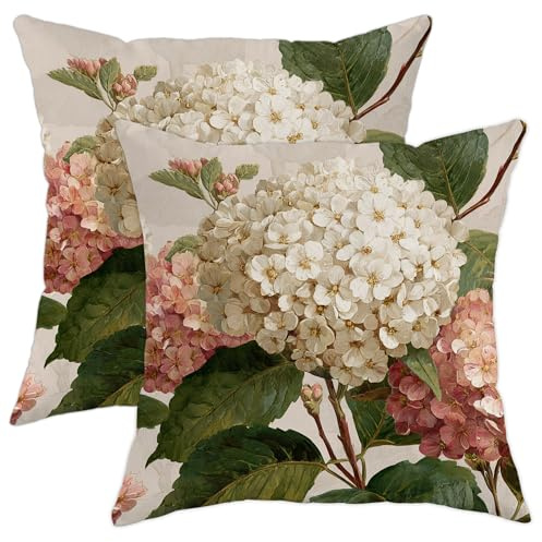 Juego de 2 fundas de cojín florales con hortensias y botánicas de hortensias, decoración cuadrada de verano para el hogar, sofá, cama, sofá, 40.6 x 40.6 cm