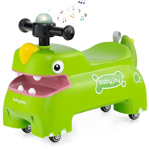 COSTWAY Rutschauto, Rutschfahrzeug mit Stauraum unter dem Sitz, Dinosaurier Schiebauto mit Lichter & Musik & Hupe, Rutscher Auto für Kinder ab 1 Jahr (Grün)