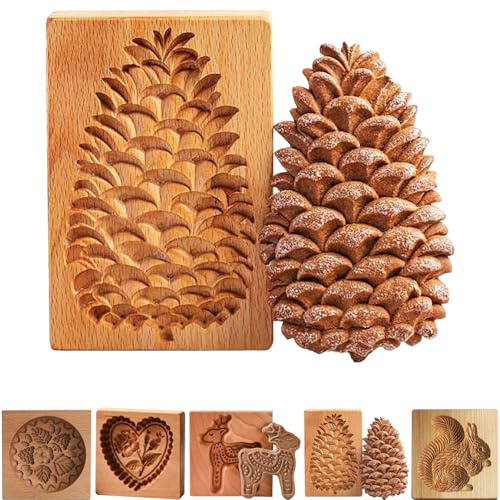 Wooden Cookie Moulds Pinecone Shape for Baking | 3D Carved Reusable Beechwood Biscuit Press Stamp | Christmas, Halloween Gingerbread Decorations | DIY Shortbread Cake Craft Tool for Home Baking