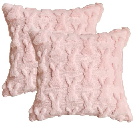 Artoid Mode Lot de 2 housses de coussin décoratives en fourrure synthétique douce - Motif lapin rose - 40 x 40 cm - Pour canapé, chambre à coucher