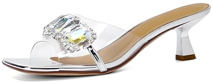 GXNRHG Women's Square Toe Sandals PVC with Rhinestones of Different Sizes High Heels Small Cat Heels Height 6CM