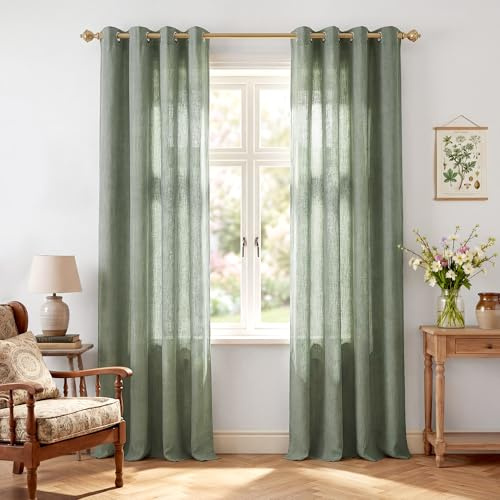 PONY DANCE Leinenoptik Gardinen Salbeigrün 2er Set H200 x B140 cm | Fenstergardinen, Vorhänge Halbtransparent, Lichtdurchlässig, Ösenschal, für Wohnzimmer, Dekoration, Modern, 200 cm Lang