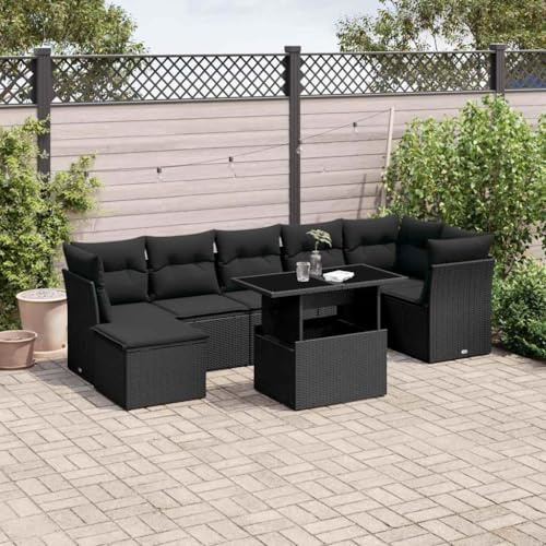 YuuSsea 8-TLG. Garten-Sofagarnitur Schwarz Poly Rattan, Verstellbarer Esstisch, Modulares Outdoor Loungeset mit Kissen, UV-beständig, 110 kg Traglast
