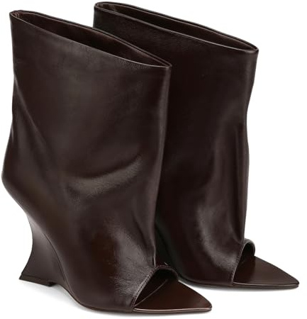 MEEYUS Women’s Open Toe Slouchy Wedge Ankle Boots - 4.1in Heel PU Booties,Calf Height Wide Calf Fashion Boots (Brown, 8, Adult, Women, 8, Numeric, US Footwear Size System, Narrow)