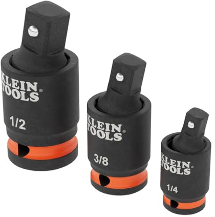 Klein Tools 65843SW Impact Wrench Swivel Socket Adapter Set, 3-Piece, 15-Degree Pivot, 1/4-Inch, 3/8-Inch,1/2-Inch Square Drive, Fixed-Position and Swivel, Impact Wrench to Socket Extensions