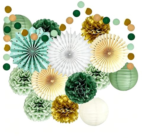 Décorations Fête Vert Sauge Set, Pompons Papier de Soie Éventails Papier Lanternes Guirlande, Crème Or Olive Mix, pour Anniversaire Baby Shower Mariage Fiançailles