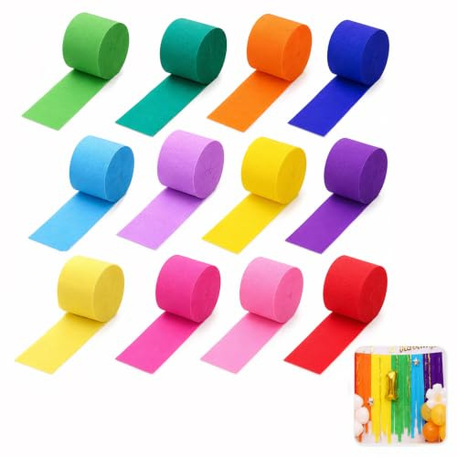 12 Pack Crepe Paper Streamers, 4.5cm x 25m Rainbow Hanging Streamers | 12 Colors Easy Hanging Colorful Backdrop Ribbons for Party Birthday Wedding Baby Shower Decor