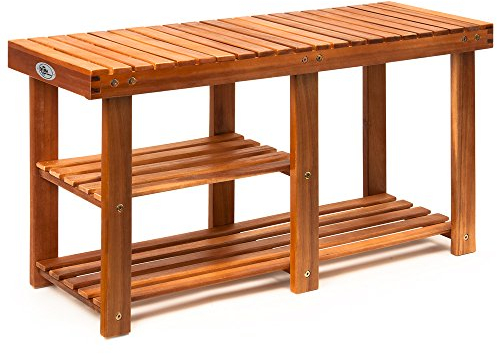 Casaria® Schuhbank mit Sitzfläche 87 x 45 x 30 cm 160kg Belastbarkeit 3 Ebenen Akazie Holz Massiv Flur Diele Bad Sitzbank Schuhregal Schuhschrank Braun