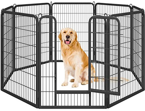 Yaheetech Heavy Duty Dog Pen Indoor/Outdoor, 8 Panels, 80x100 cm W/H, Black | Reinforced Puppy Pen, Multiple Sizes, Flexible Layouts, Simple Setup, Garden, Yard & Camping, for Small to Large Dogs