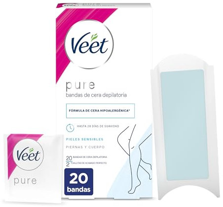 Veet Pure Bandas de Cera Fría Depilatoria para Depilación de Piernas y Cuerpo, Fórmula de Cera Hipoalergénica para Pieles Sensibles, 20 Tiras
