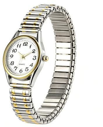 JewelryWe Women's Ultra Thin Easy Reader Watch with Elastic Strap, Golden/Silver Watch